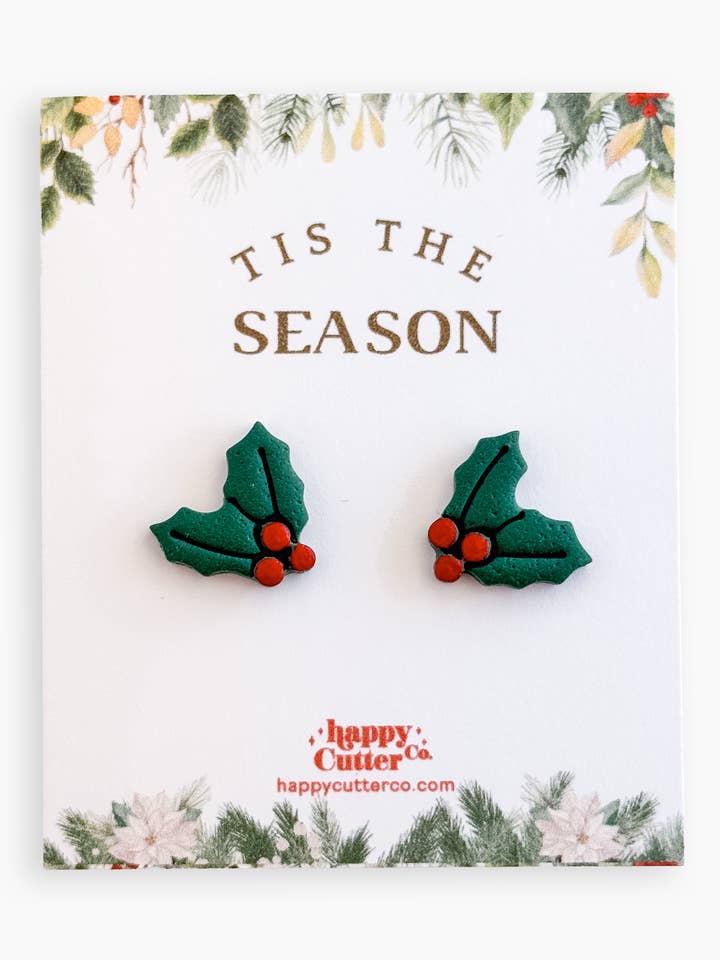 Christmas Studs - Holly Stud Holiday Earrings for wholesale by Happy Cutter Co