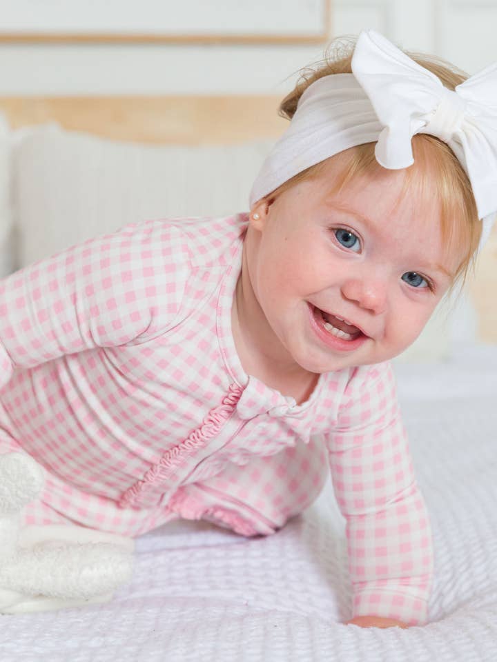 SoftSnooze™ Baby Girls Cotton Modal Pink Gingham Footed Ruffle One Piece Pajama
 for wholesale by RuffleButts + RuggedButts