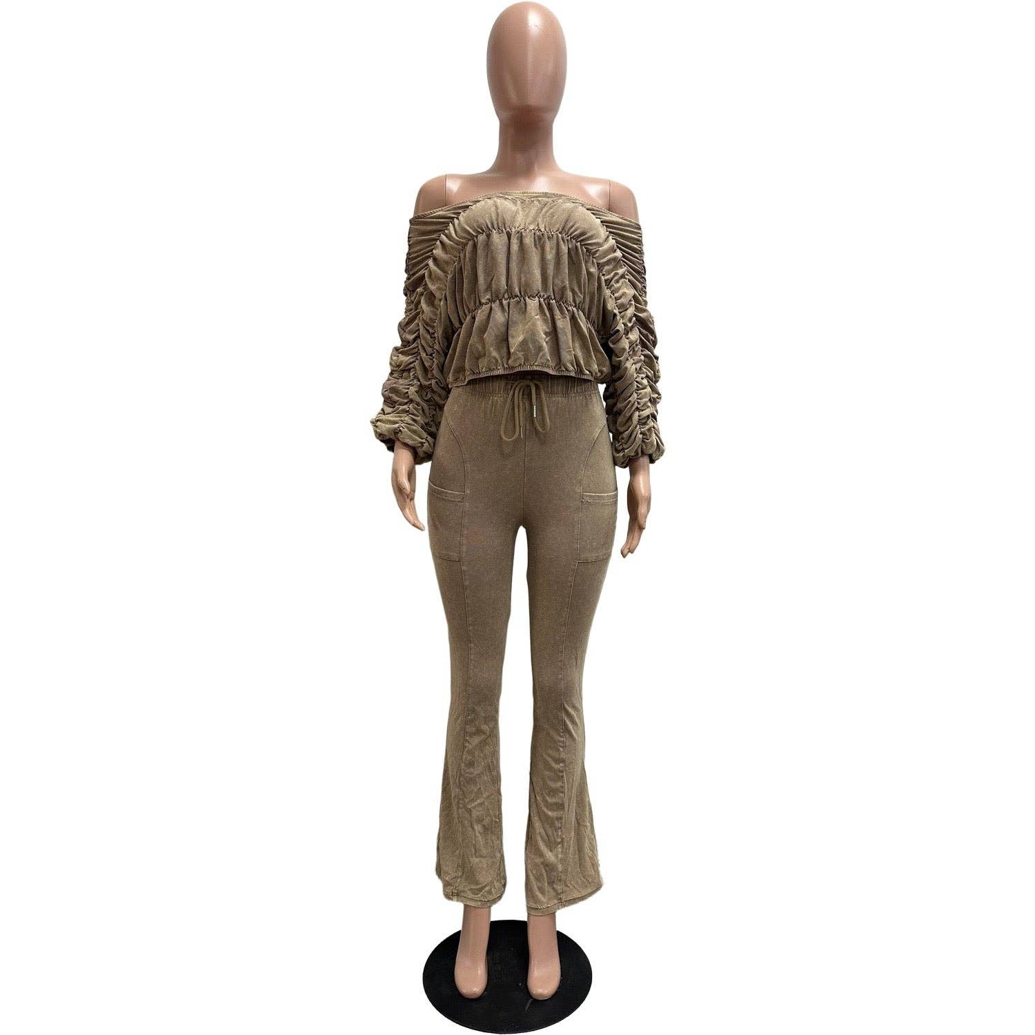 MB Fashion Wholesale - Wholesale Top & Pant Set (NOT Loungewear) - Women's - MB FASHION Ruched Off-Shoulder Top & High-Waist Flared Pants Set 953216