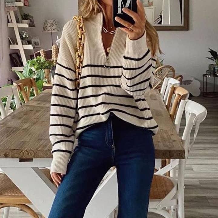 Lily Clothing - Wholesale Knit Sweater - Women's - COLOR-MATCHING STRIPED HALF-ZIP PULLOVER SWEATER3