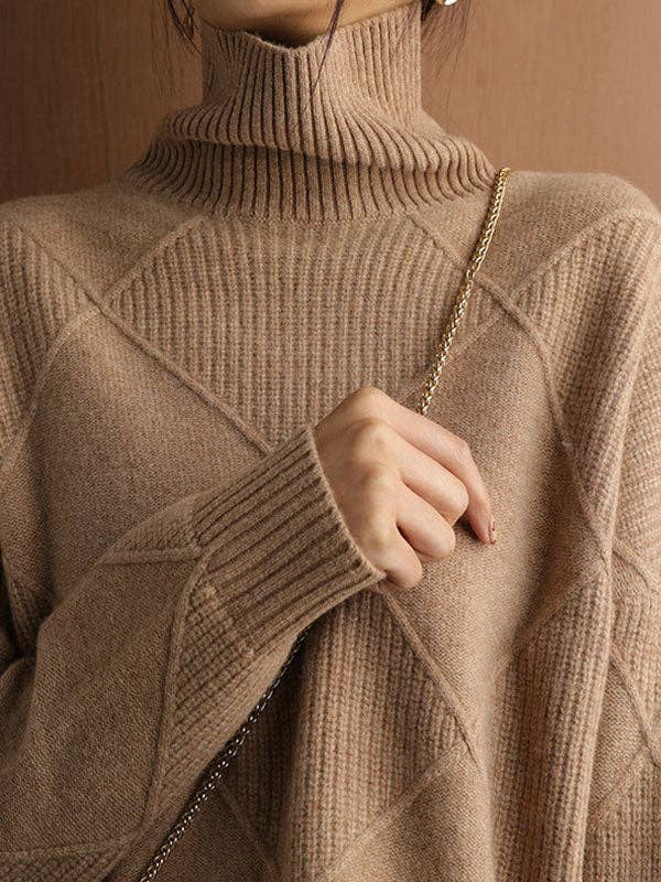 ShieldChic - Wholesale Knit Sweater - Women's - Loose Jacquard Solid Color High-Neck Sweater Tops6