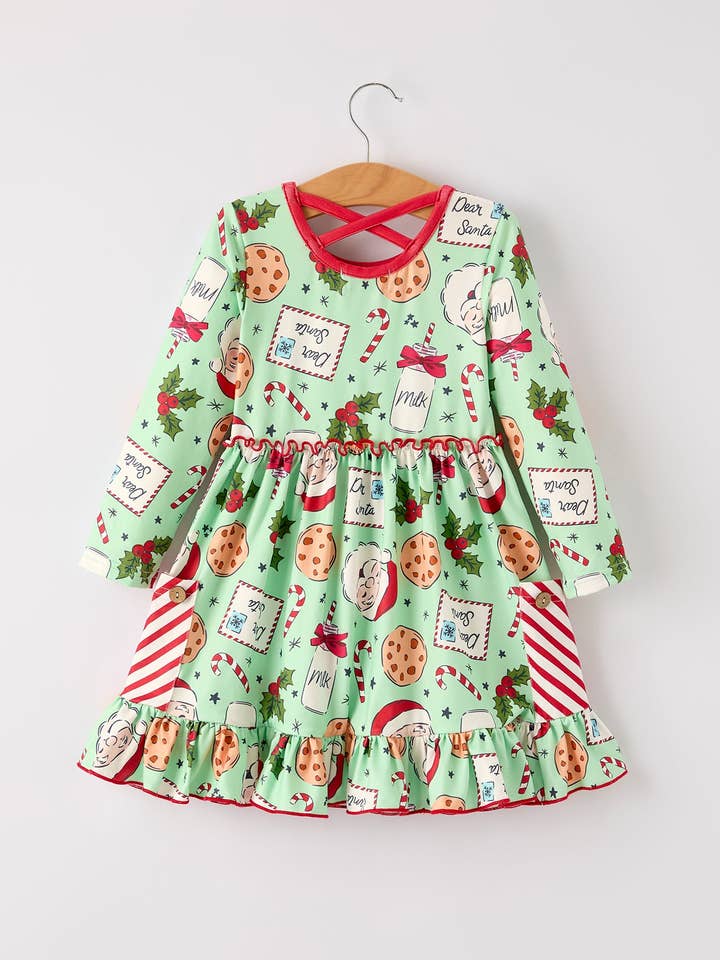 Rylee Faith Designs - Wholesale Dress - Kids - Winter Christmas Green Santa Girls Pocket Ruffle Dress1