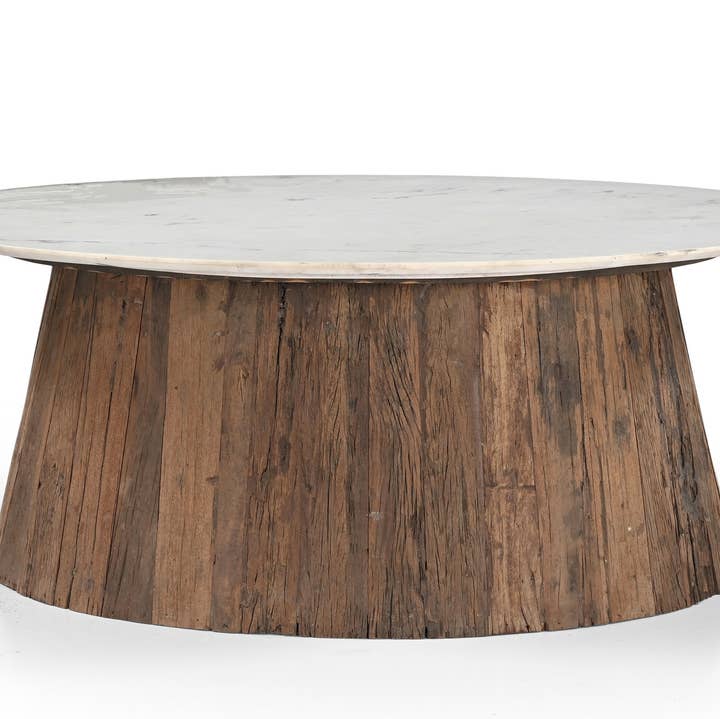Oval Wood Coffee Table with Marble Top H 18" & Dia 28" for wholesale on Faire0