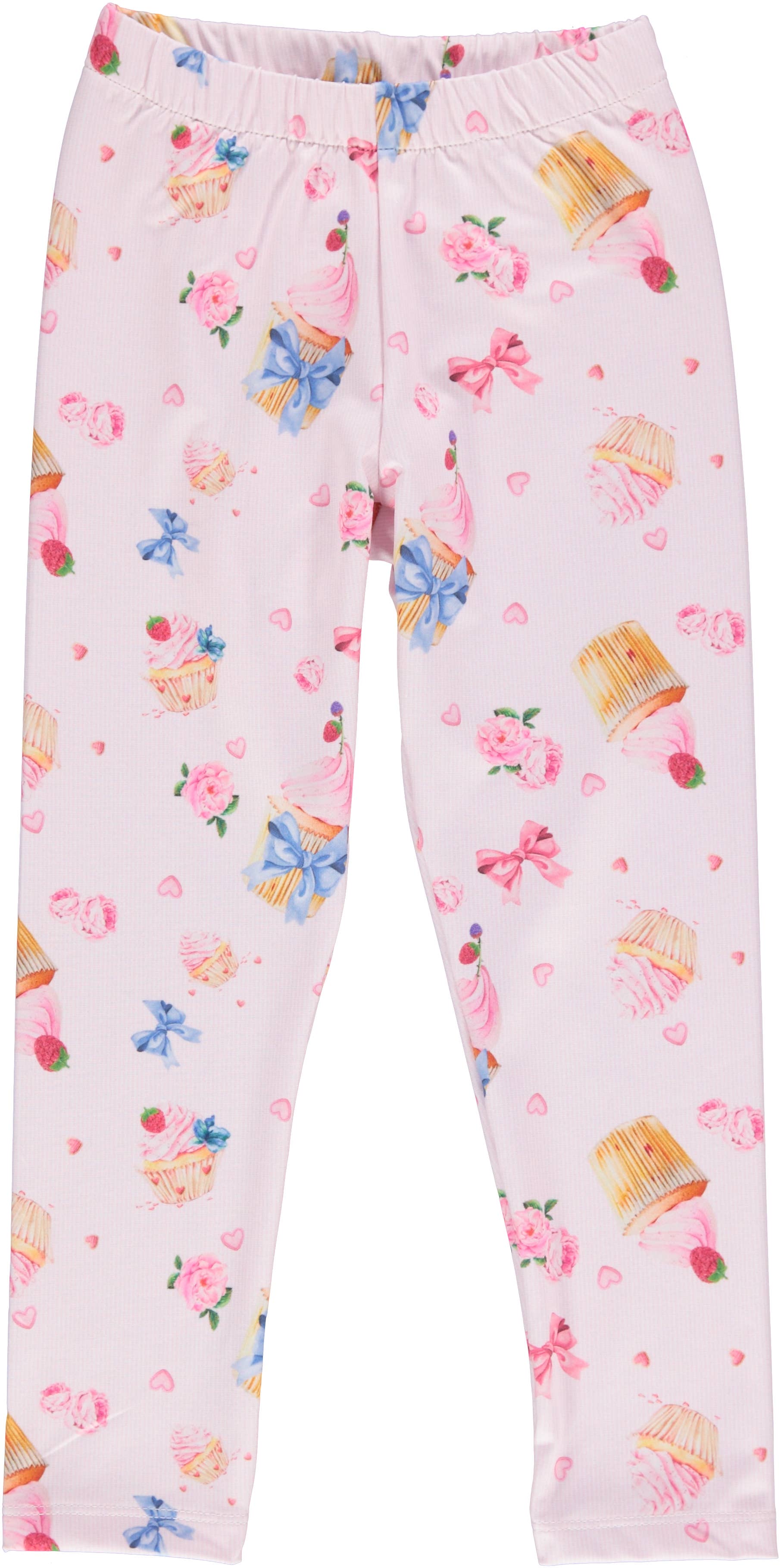 Pink PS23S005006-Pink leggings with colorful cupcake pattern for wholesale on Faire