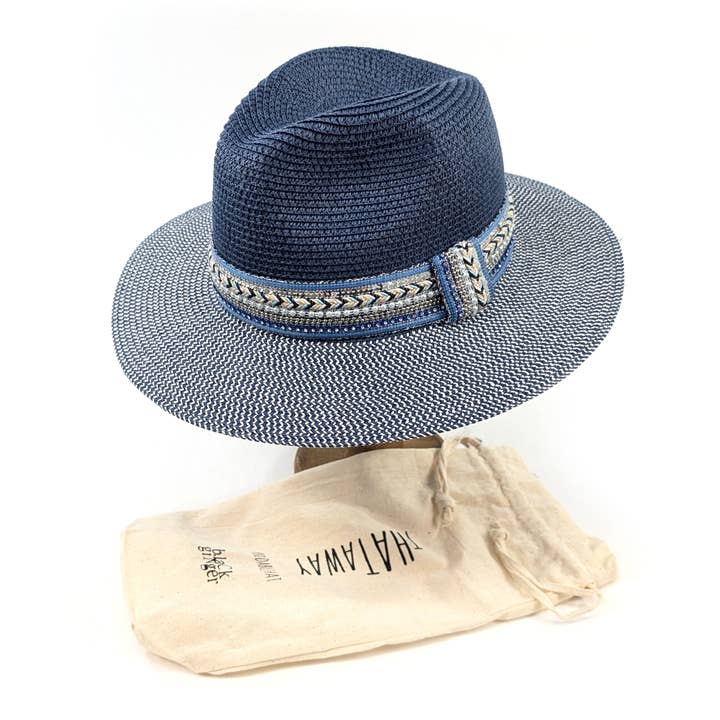 Black Ginger - Wholesale Straw Hat - Women's - Jewelled Band Panama Foldable Hat (57cm) - Navy Blue