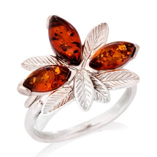 Ring with cognac amber from the Baltic Navette, sterling silver for wholesale by OPALOOK France