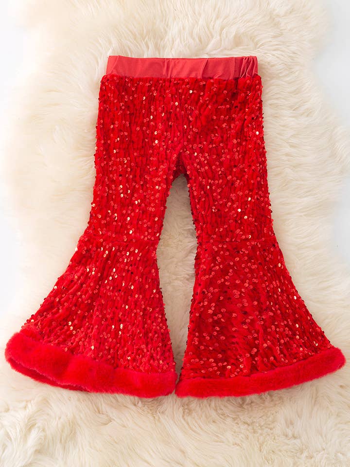 Kids Charm Online - Wholesale Pants - Kids - Red sequins bell bottoms with faux fur trim. PNG50267 SOL