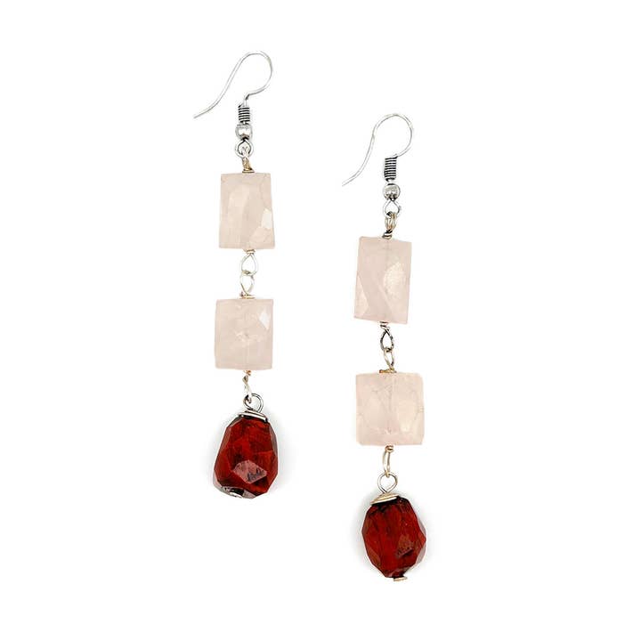 Antique Silver Rose Quartz & Red Jasper Drop Earrings for wholesale by Anju Jewelry