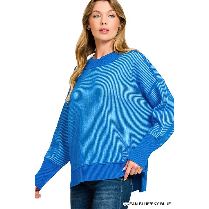 Style Up – wholesale Sweatshirt – Women's – EXPOSED SEAM TWO TONE SWEATER HI LOW SIDE SLITS21