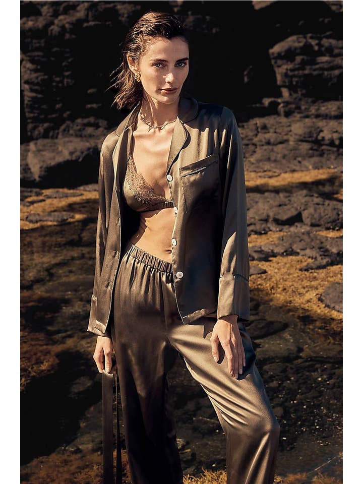 Emerald Olive Silk Long Sleeve Wide Leg Pyjama Set for wholesale on Faire8