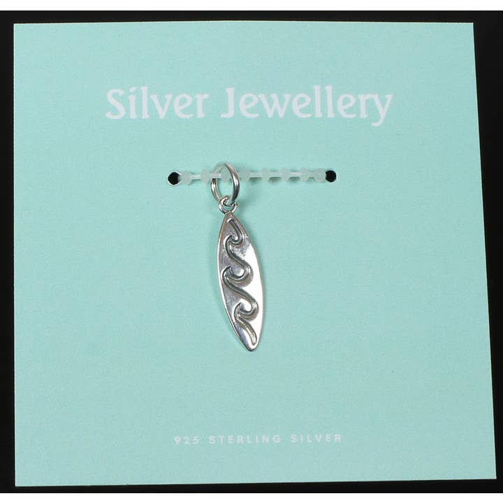 Carded Sterling Silver Wave Engraved Surfboard Pendant for wholesale by Western Counties Wholesale