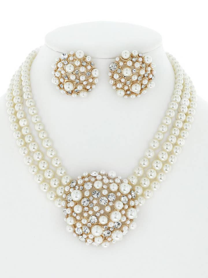 Rhinestone Pearl Pendant Beaded Necklace & Earring Set for wholesale by SP Sophia Collection