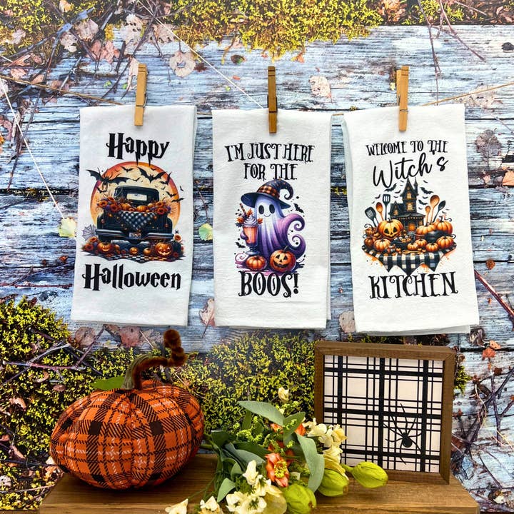Driftless Studios - Wholesale Tea Towel - Happy Halloween Truck Fall Décor Halloween Tea Towels