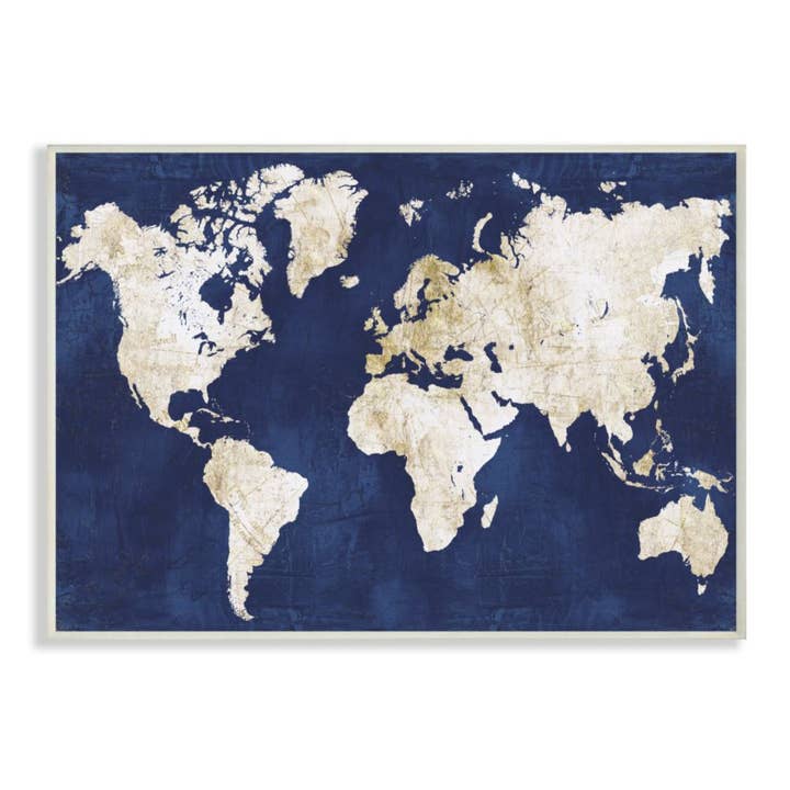 Stupell Industries – wholesale Plaque – Navy and Distressed Gold World Map Wall Plaque Art