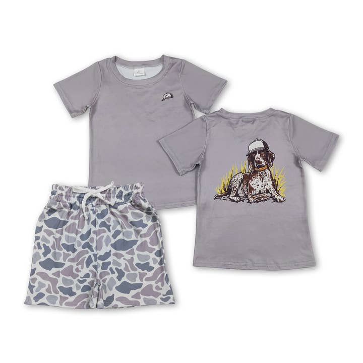 Short sleeves dog top grey camo shorts kids boys clothing for wholesale by Yawoo Garments