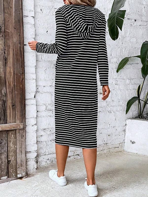 UZ Wholesale Store – wholesale Dress – Women's – Drawstring Striped Zipper Long Sleeves Loose Hooded Midi Dre4