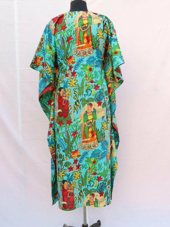 GYPSY STUDIO - Vendita all'ingrosso Caftano - Donna - Caftano da donna in cotone Frida Kahlo taglia grande abito maxi estivo