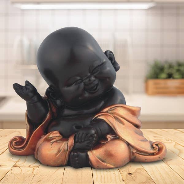 4"W Little Buddhist Monk in Golden Black Figurine Home Decor for wholesale by FC Design