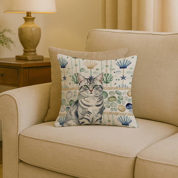 Silver Classic Tabby Cat Coastal Sea Glass Pillow 18x18 FNT for wholesale by Caroline's Treasures