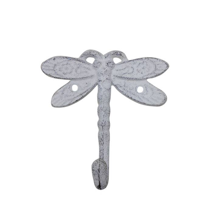 Hampton Ironworks - Wholesale Wall Hook - Whitewashed Cast Iron Dragonfly Decorative Metal Wall Hook 5"