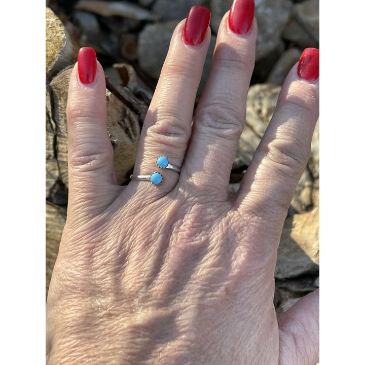 Nizhonitradersllc - Wholesale Single Stone/Solitaire Ring - Navajo Turquoise Double Stone & Sterling Silver Adjustable Ring