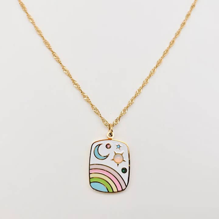 Mio Queena – wholesale Hänge-/berlockhalsband – Emalj Star Moon Rainbow 18K guldpläterad SS halsband -FGS/MS4