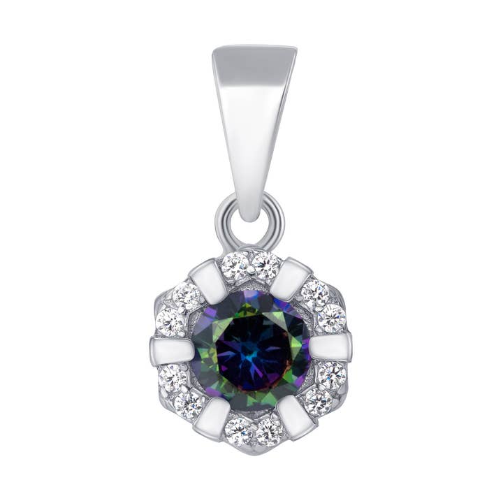 Sterling silver Flower Round Center Cubic Zirconia Pendant in Blue Color for wholesale by King of Silver