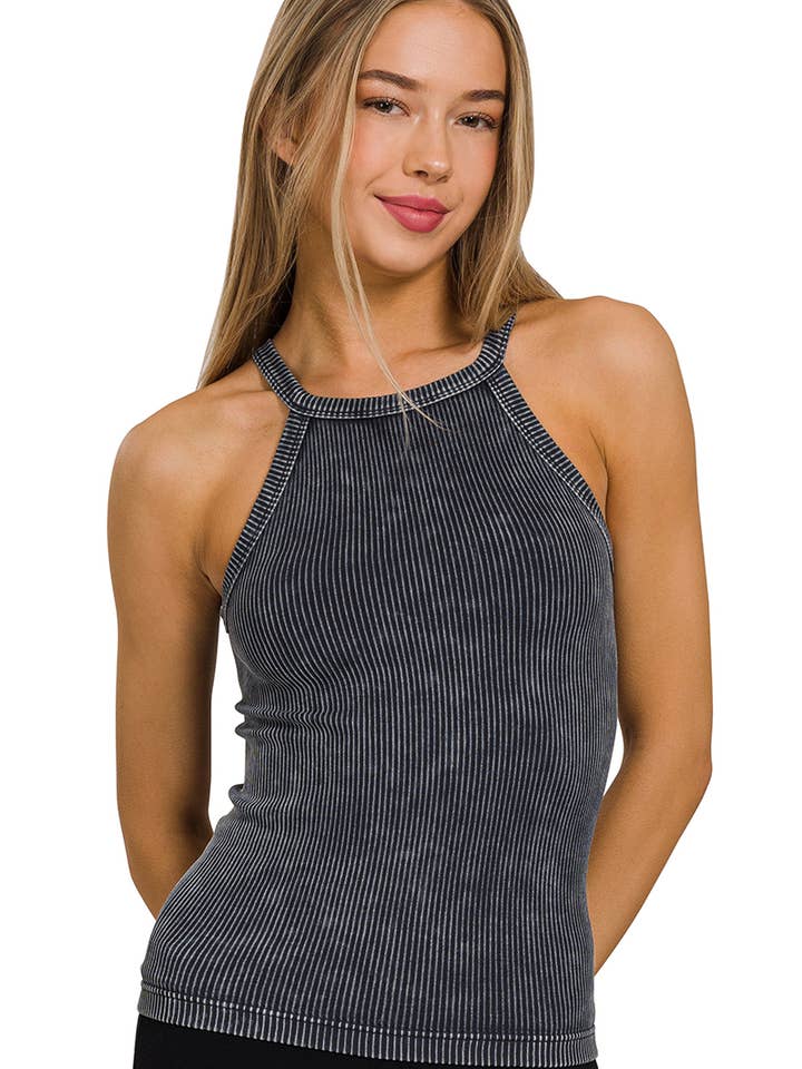 42POPS - Wholesale Tank Top - Women's - ._ 0614 Washed Rib Seamless Cami Halter Neck Top SI-257771