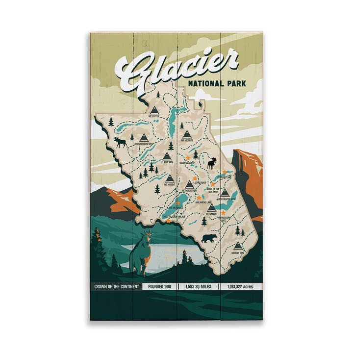 Glacier National Park Illustrated Map: Smooth Finish for wholesale by Old Wood Signs