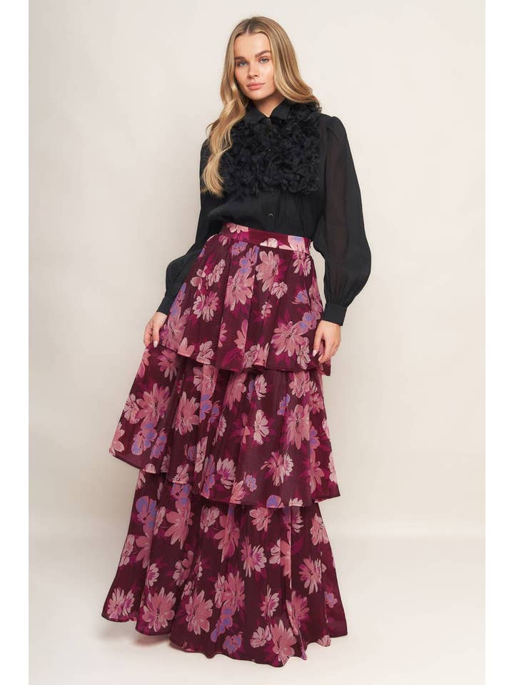 Burgundy A printed woven maxi skirt - IK7637 for wholesale on Faire1