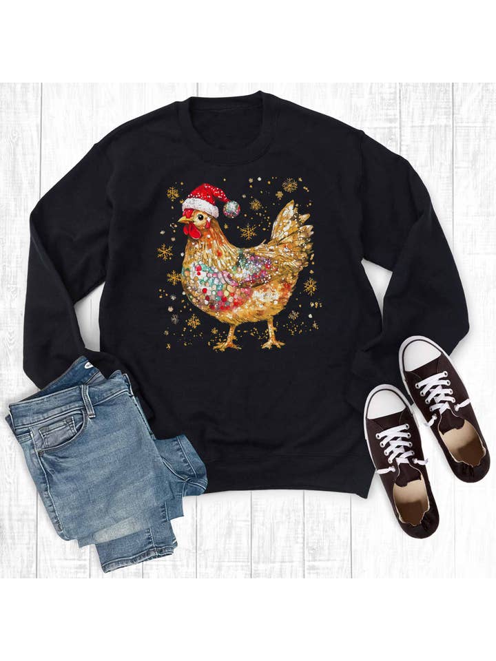 Black Western Christmas Glittery Chicken Graphic Sweatshirt for wholesale on Faire