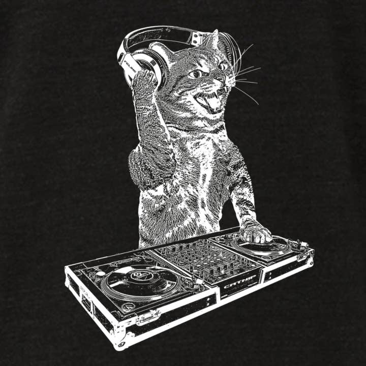 MISSION THREAD CLOTHING - Wholesale Screen Printed T-Shirt - Men's - Cat DJ Tshirt, Men's Kitten Disc Jockey Design, Dance Party