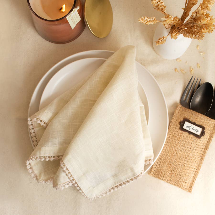 Cutlery Couture - Wholesale Dinner & Cloth Napkin - Cotton Lace Trimmed Cloth Napkin - Cream - Set of 42