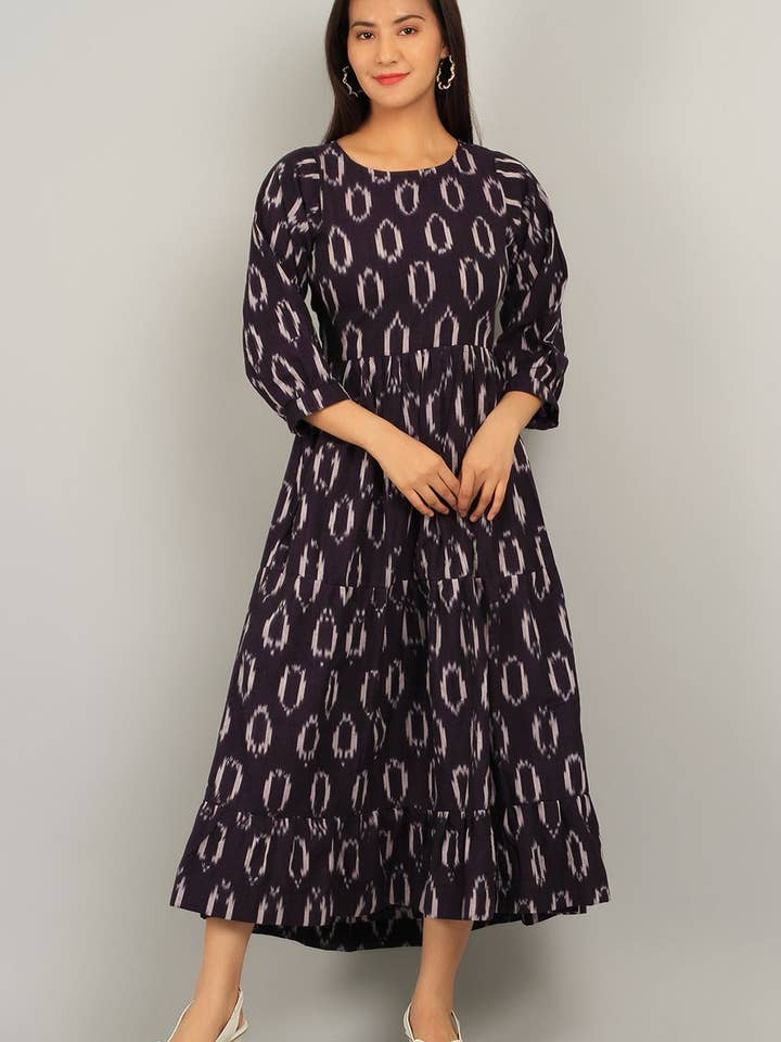 Ikat Purple Cotton Midi Dress for wholesale by INDOPHILIA