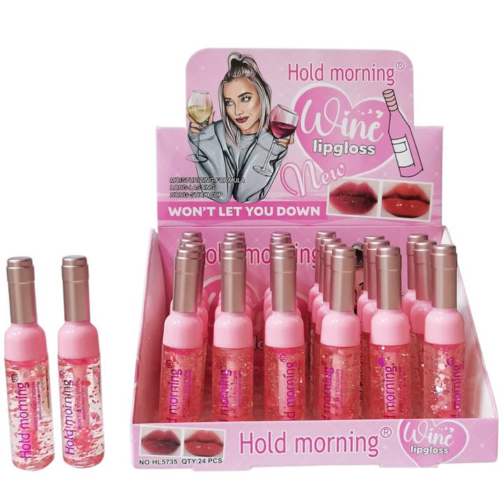 ASSORTED HOLD MORNING WINE BOTTLE LIP GLOSS HL5735 (24PC) for wholesale on Faire