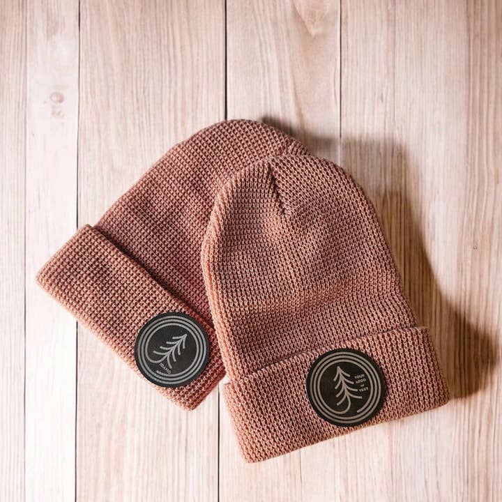 Custom Sewn on Patch, Pink Waffle Knit Cuff Beanie R146 for wholesale on Faire1