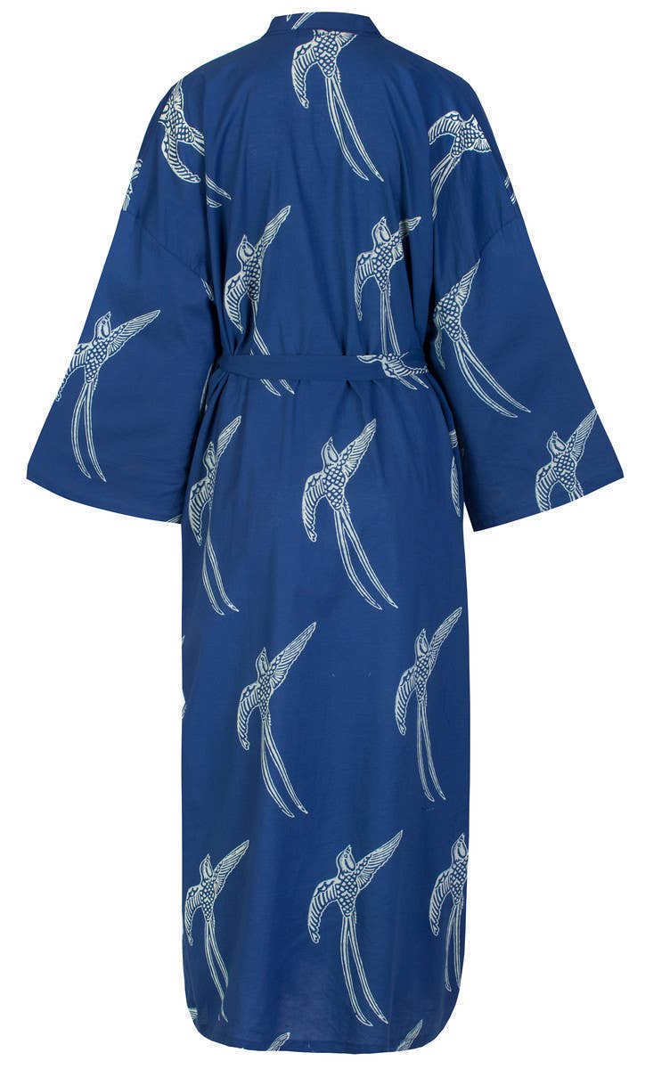 Susannah Cotton – wholesale Morgonrock - Unisex – Susannah bomull Kimono mantel - lång tailed fågel vit på blå2