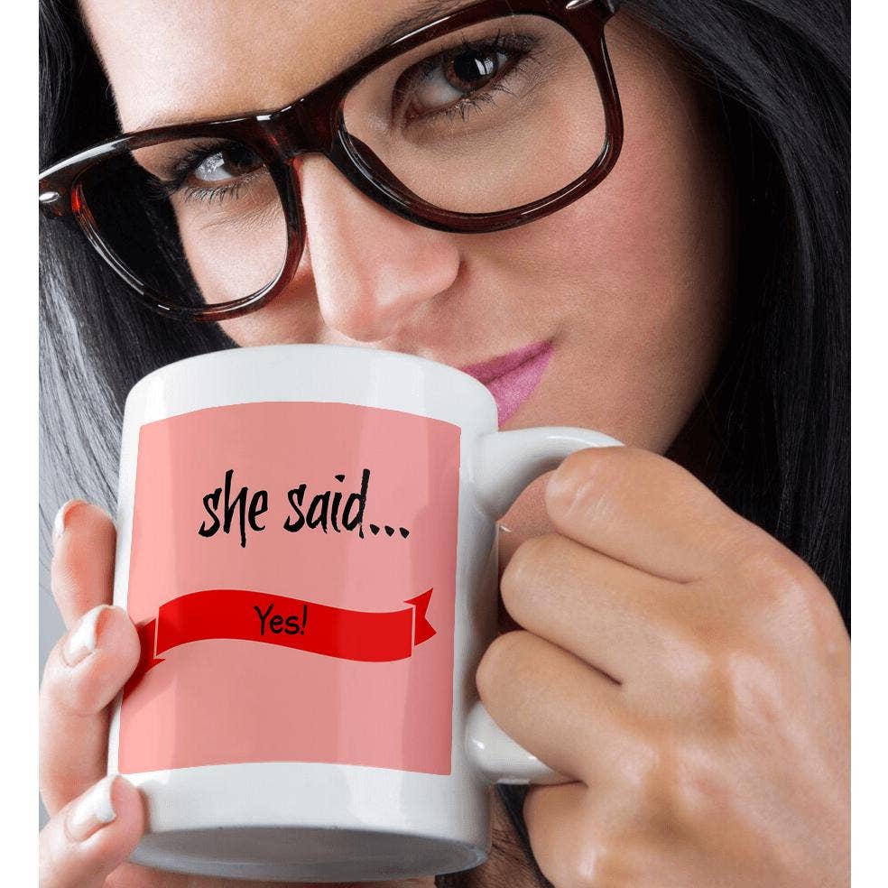 3dRose - Wholesale Coffee Mug - 3dRose, she said yes, black lettering on red ribbon, pink background, Mug9