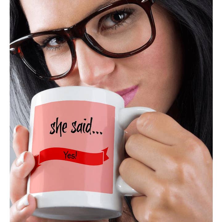 3dRose - Wholesale Coffee Mug - 3dRose, she said yes, black lettering on red ribbon, pink background, Mug9