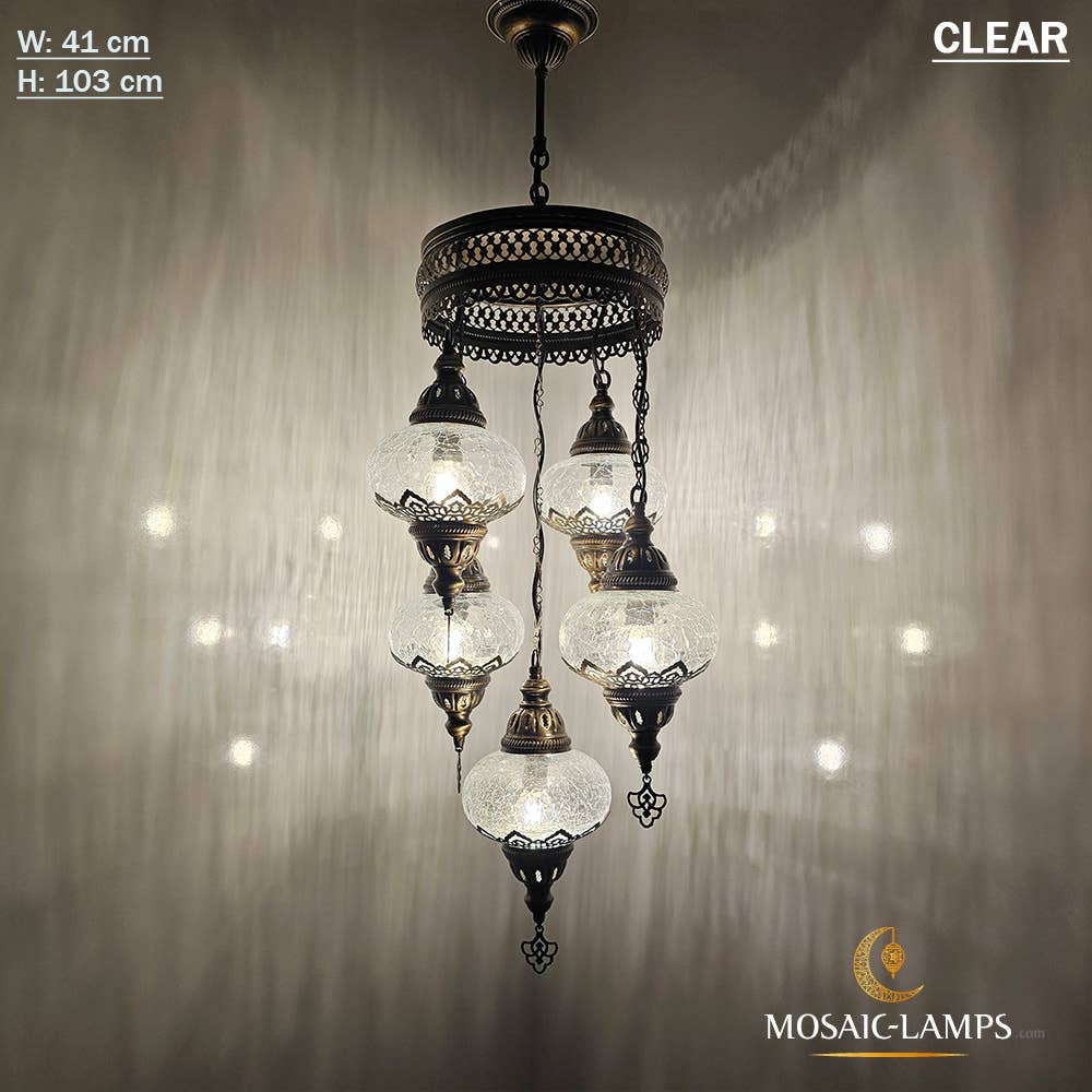Mosaic Lamps – wholesale Chandelier/hanging light – Clear Cracked Ottoman Chandelier, 5 Globe Moroccan Chandelie3