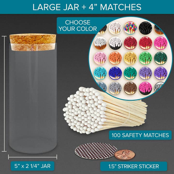 Thankful Greetings - Wholesale Matches - 4" Matches in Large Chic Cork Top Jar - Color(s) of Choice