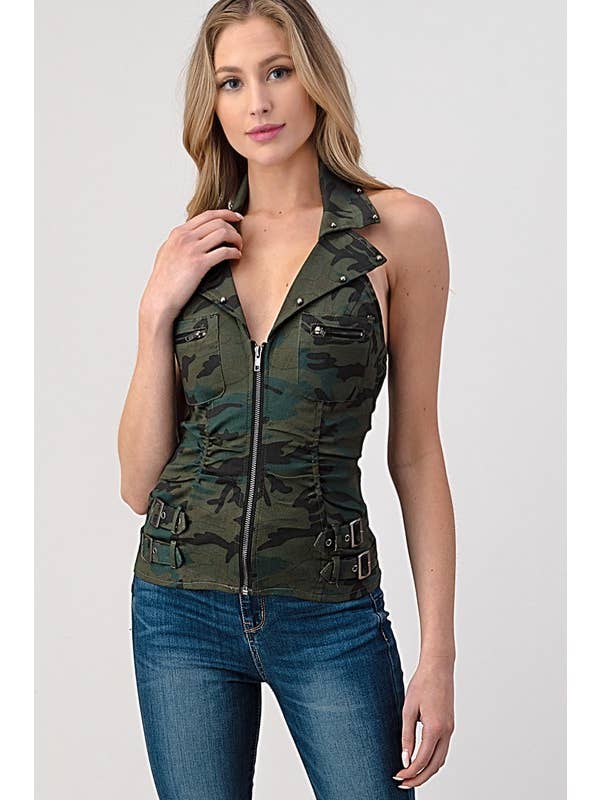 Lydia USA – wholesale Blus - Dam – Kamouflagemönstrad halterneck-topp