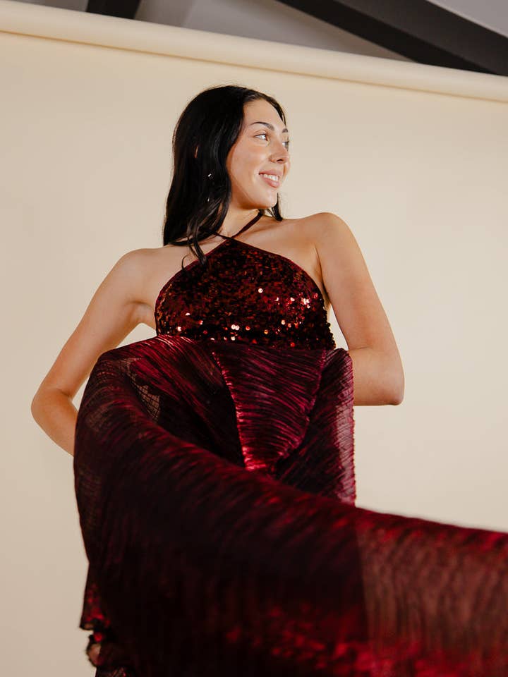 Vestido de sari indio color granate para venta al por mayor de Sandhya Garg