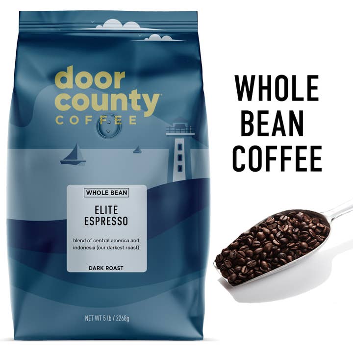 5lb Elite Espresso Flavored WHOLE BEAN Coffee Dark Roast for wholesale by Door County Coffee
