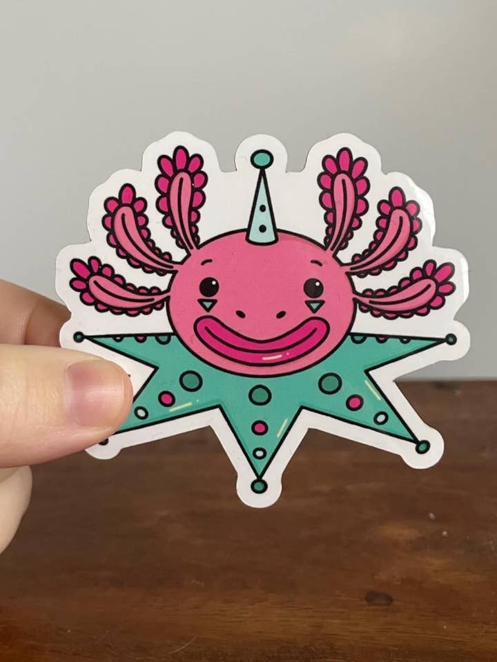 Bubbles the Clown Axolotl - pegatina de vinilo para venta al por mayor de Oli Jolly Ink