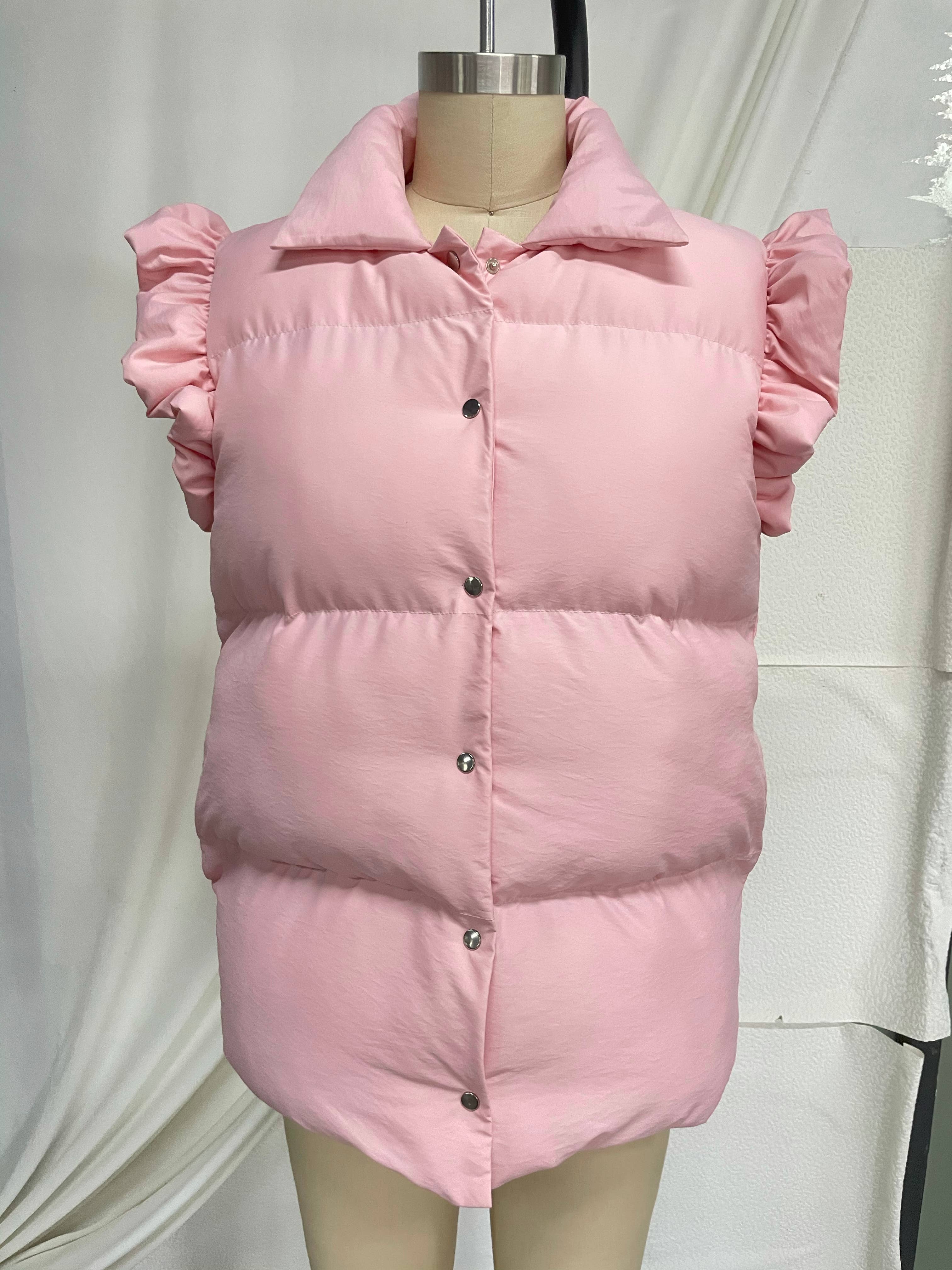 UNISHE – Colete - Mulher por atacado – Casaco Puff com Mangas Flutter Liso Buttoned CY14811