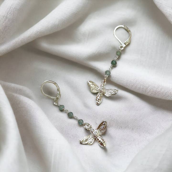 Enchanting gemstone earrings with blue apatite and bee pendant — elegance and natural inspiration for wholesale by MadamLili