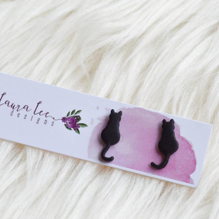 Cat Clay Stud Earrings || Black || Mini Full Body Cats for wholesale by Laura Lee Designs