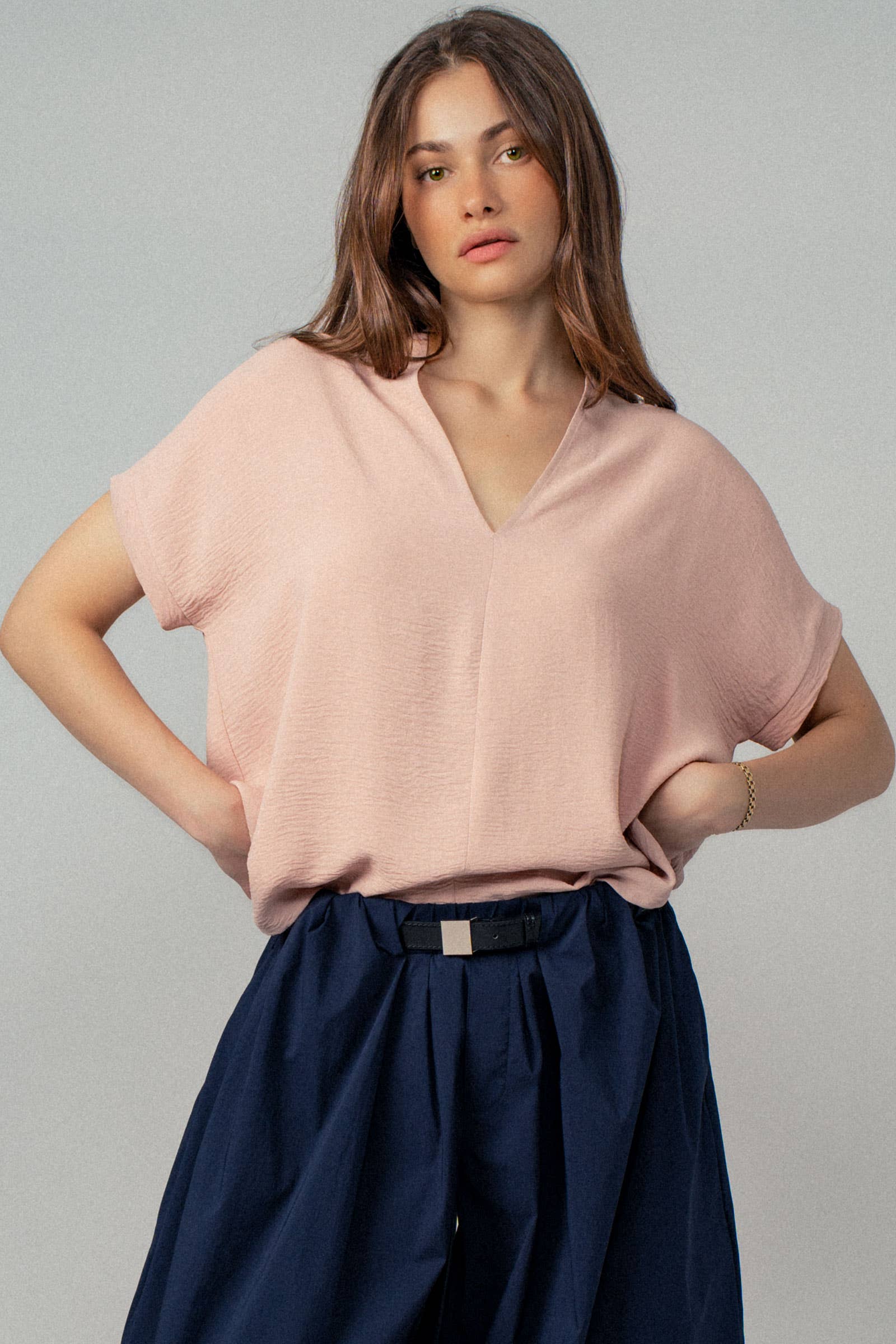 Urban Daizy - Wholesale Blouse - Women's - Relaxed V-Neck Top with Folded Sleeves6