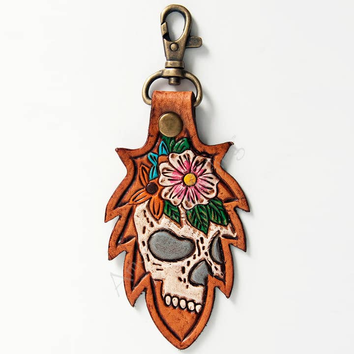 LC-ADKR164 Tooled Leather Skull Keyring Floral Design with Swivel Clip for wholesale by LS Western